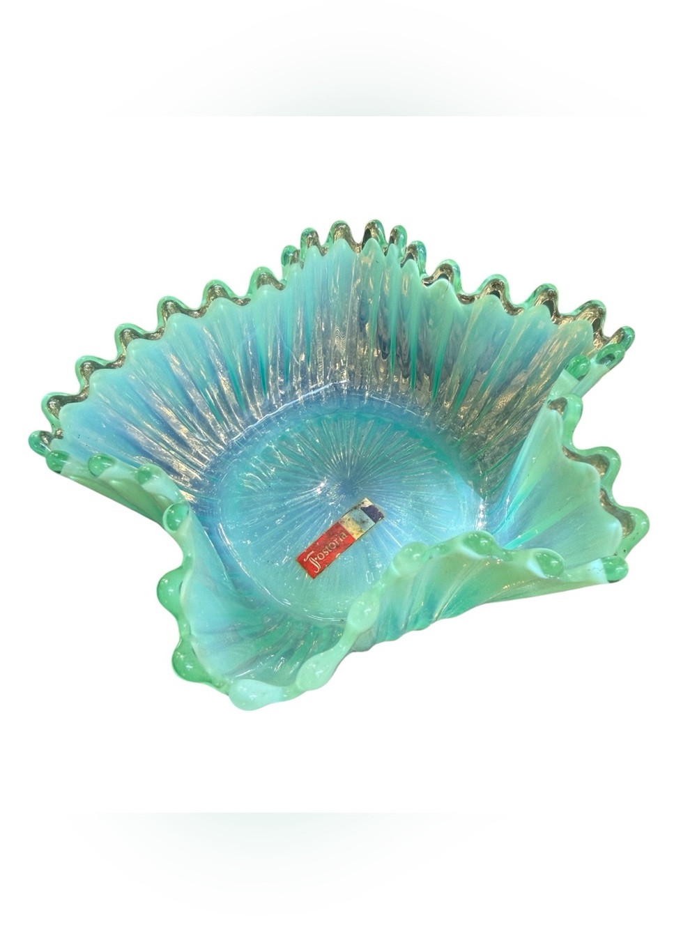 VTG Fostoria Heirloom Blue Green Opalescent Handkerchief/Splash Bowl Dish